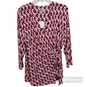 Anne Klein Faux Wrap Top Pink Camellia Geometric Print NWT Size Extra Large